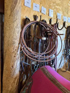 A selection of western tack, including a lasso
